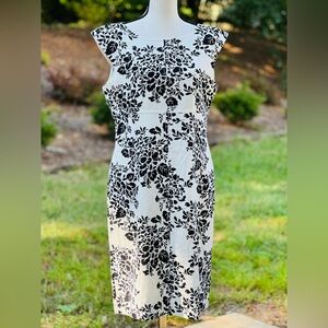 ISABELLA DEMARCO LINED SHEATH DRESS SLEEVELESS WHITE BLACK FLORAL POCKETS SIZE 8